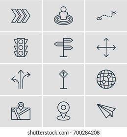 Vector Illustration Of 12 Location Icons. Editable Pack Of World, Location, Path And Other Elements.