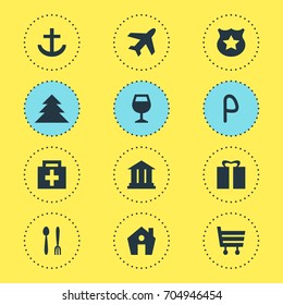Vector Illustration Of 12 Location Icons. Editable Pack Of Cop, University, Home And Other Elements.