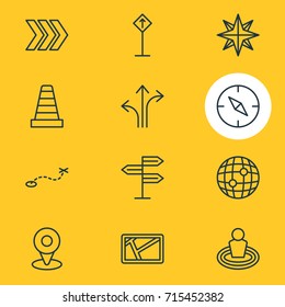 Vector Illustration Of 12 Location Icons. Editable Pack Of Compass, Map, Direction And Other Elements.