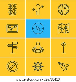 Vector Illustration Of 12 Location Icons. Editable Pack Of Guidepost, Paper Geography, Orientation And Other Elements.