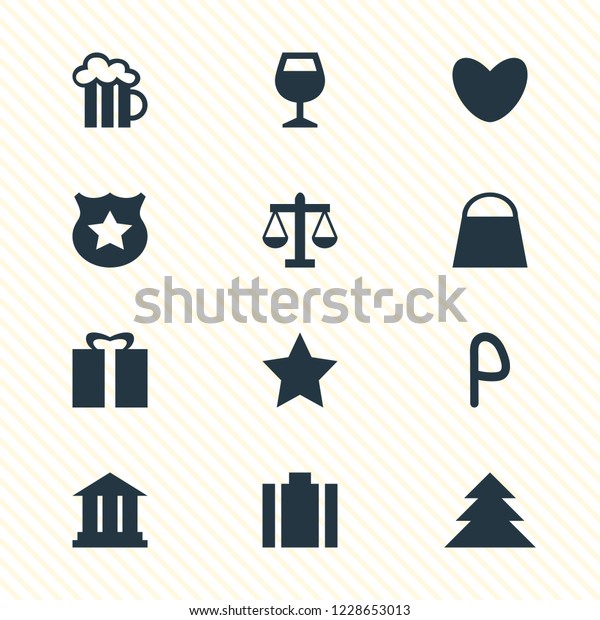 Vector illustration of 12\
location icons. Editable set of pub, gift, law and other icon\
elements.
