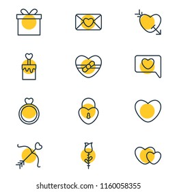 Vector illustration of 12 love icons line style. Editable set of soul, cake, bow and other icon elements.