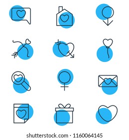Vector illustration of 12 love icons line style. Editable set of find, date, bow and other icon elements.