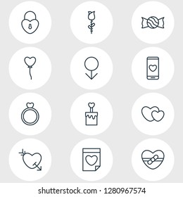 Vector illustration of 12 love icons line style. Editable set of locker, balloons, ring and other icon elements.