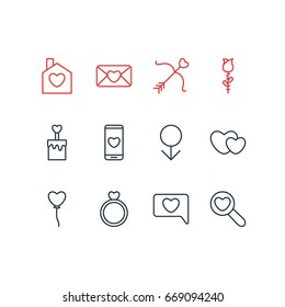 Vector Illustration Of 12 Love Icons. Editable Pack Of Invitation, Hearts, Engagement And Other Elements.