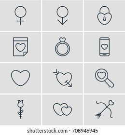 Vector Illustration Of 12 Love Icons. Editable Pack Of Arrow, Magnifier, Valentine And Other Elements.