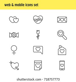 Vector Illustration Of 12 Love Icons. Editable Pack Of Home, Woman, Valentine And Other Elements.