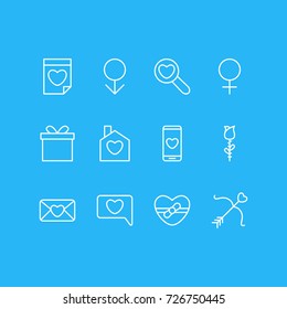 Vector Illustration Of 12 Love Icons. Editable Pack Of Smartphone, Present, Woman And Other Elements.