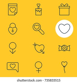 Vector Illustration Of 12 Love Icons. Editable Pack Of Gift, Arrow, Lock And Other Elements.