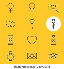 Vector Illustration Of 12 Love Icons. Editable Pack Of Lollipop, Hearts, Decoration And Other Elements.