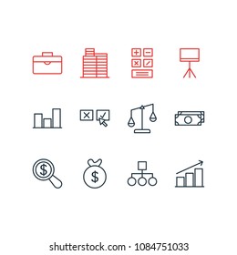 Vector illustration of 12 management icons line style. Editable set of calculator, money, buildings and other icon elements.