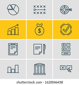 Vector illustration of 12 management icons line style. Editable set of chart, moneybox, bar and other icon elements.