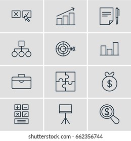 Vector Illustration Of 12 Management Icons. Editable Pack Of Scheme , Calculate , Board Stand Elements.