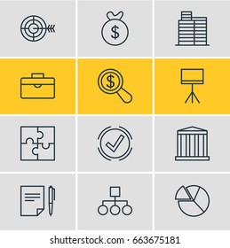 Vector Illustration Of 12 Management Icons. Editable Pack Of Riddle, Bag , Board Stand Elements.