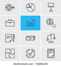 Vector Illustration Of 12 Management Icons. Editable Pack Of Goal , Board Stand, Portfolio Elements.