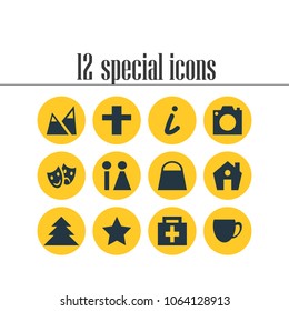 Vector illustration of 12 map icons. Editable set of restroom, legend, mountain and other icon elements.