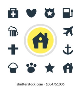 Vector illustration of 12 map icons. Editable set of bakery, star, zoo and other icon elements.