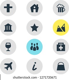Vector illustration of 12 map icons. Editable set of pub, academy, religion and other icon elements.