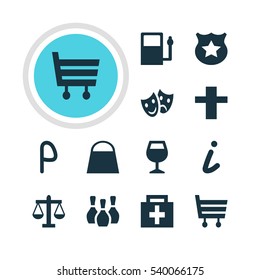Vector Illustration Of 12 Map Icons. Editable Pack Of Wineglass, Scales, Masks And Other Elements.
