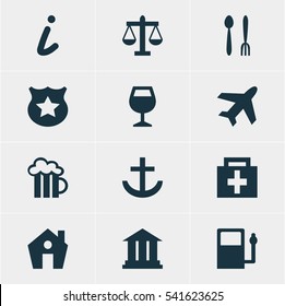 Vector Illustration Of 12 Map Icons. Editable Pack Of Scales, Drugstore, Refueling And Other Elements.