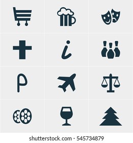 Vector Illustration Of 12 Map Icons. Editable Pack Of Film, Cross, Map Information And Other Elements.
