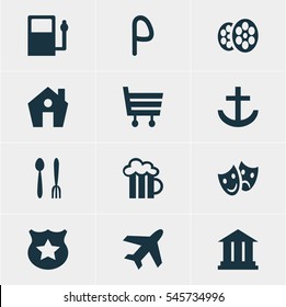 Vector Illustration Of 12 Map Icons. Editable Pack Of Home, Beer Mug, Refueling And Other Elements.