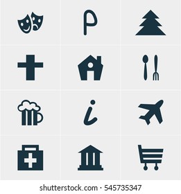 Vector Illustration Of 12 Map Icons. Editable Pack Of Shopping Cart, Drugstore, Cross And Other Elements.