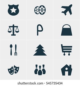 Vector Illustration Of 12 Map Icons. Editable Pack Of Home, Skittles, Film And Other Elements.