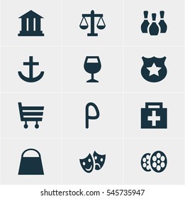 Vector Illustration Of 12 Map Icons. Editable Pack Of Scales, Handbag, Anchor Elements.