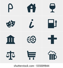 Vector Illustration Of 12 Map Icons. Editable Pack Of Home, University, Masks And Other Elements.