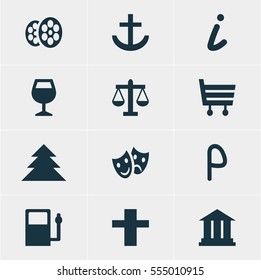 Vector Illustration Of 12 Map Icons. Editable Pack Of Anchor, Cross, Refueling And Other Elements.
