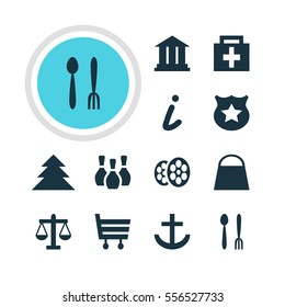 Vector Illustration Of 12 Map Icons. Editable Pack Of Shopping Cart, University, Cop And Other Elements.