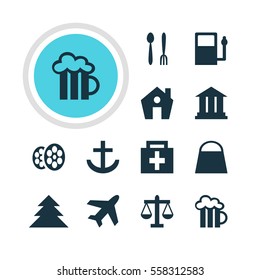 Vector Illustration Of 12 Map Icons. Editable Pack Of Anchor, Beer Mug, Aircraft And Other Elements.