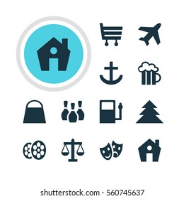 Vector Illustration Of 12 Map Icons. Editable Pack Of Anchor, Film, Shopping Cart And Other Elements.
