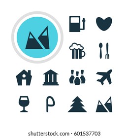Vector Illustration Of 12 Map Icons. Editable Pack Of Car Park, Wineglass, University And Other Elements.