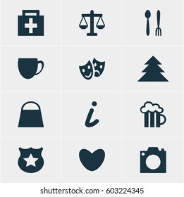 Vector Illustration Of 12 Map Icons. Editable Pack Of Drugstore, Cafe, Scales And Other Elements.