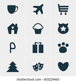Vector Illustration Of 12 Map Icons. Editable Pack Of Cop, Pet Shop, Heart And Other Elements.