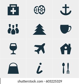 Vector Illustration Of 12 Map Icons. Editable Pack Of Home, Drugstore, Aircraft And Other Elements.