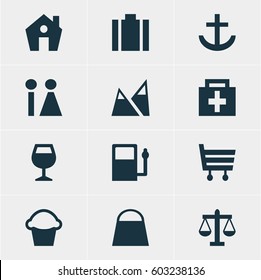 Vector Illustration Of 12 Map Icons. Editable Pack Of Handbag, Drugstore, Scales Elements.