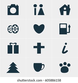 Vector Illustration Of 12 Map Icons. Editable Pack Of Toilet, Map Information, Present And Other Elements.