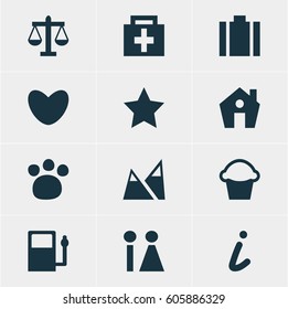 Vector Illustration Of 12 Map Icons. Editable Pack Of Landscape, Heart, Map Information Elements.