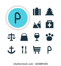 Vector Illustration Of 12 Map Icons. Editable Pack Of Scales, Landscape, Jungle Elements.
