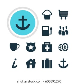 Vector Illustration Of 12 Map Icons. Editable Pack Of Home, Shopping Cart, Drugstore And Other Elements.