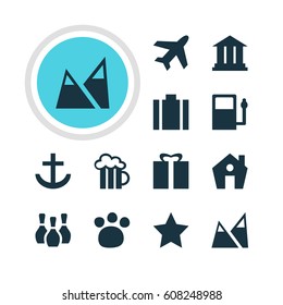 Vector Illustration Of 12 Map Icons. Editable Pack Of Bookmark, Pet Shop, Landscape Elements.
