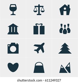 Vector Illustration Of 12 Map Icons. Editable Pack Of Wineglass, Present, Handbag Elements.