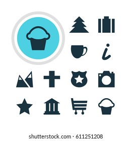 Vector Illustration Of 12 Map Icons. Editable Pack Of Bookmark, Briefcase, Jungle And Other Elements.