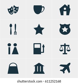 Vector Illustration Of 12 Map Icons. Editable Pack Of Toilet, Home, Coffee Shop And Other Elements.
