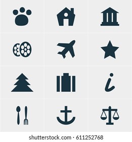 Vector Illustration Of 12 Map Icons. Editable Pack Of Bookmark, Aircraft, Pet Shop And Other Elements.