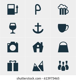 Vector Illustration Of 12 Map Icons. Editable Pack Of Coffee Shop, Skittles, Present And Other Elements.