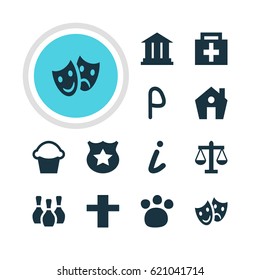 Vector Illustration Of 12 Map Icons. Editable Pack Of Cake, Pet Shop, Drugstore And Other Elements.